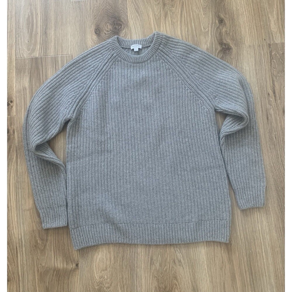 Sunspel Mens L Cashmere Fisherman Rib Knit Sweater Gray Portugal Crew Neck